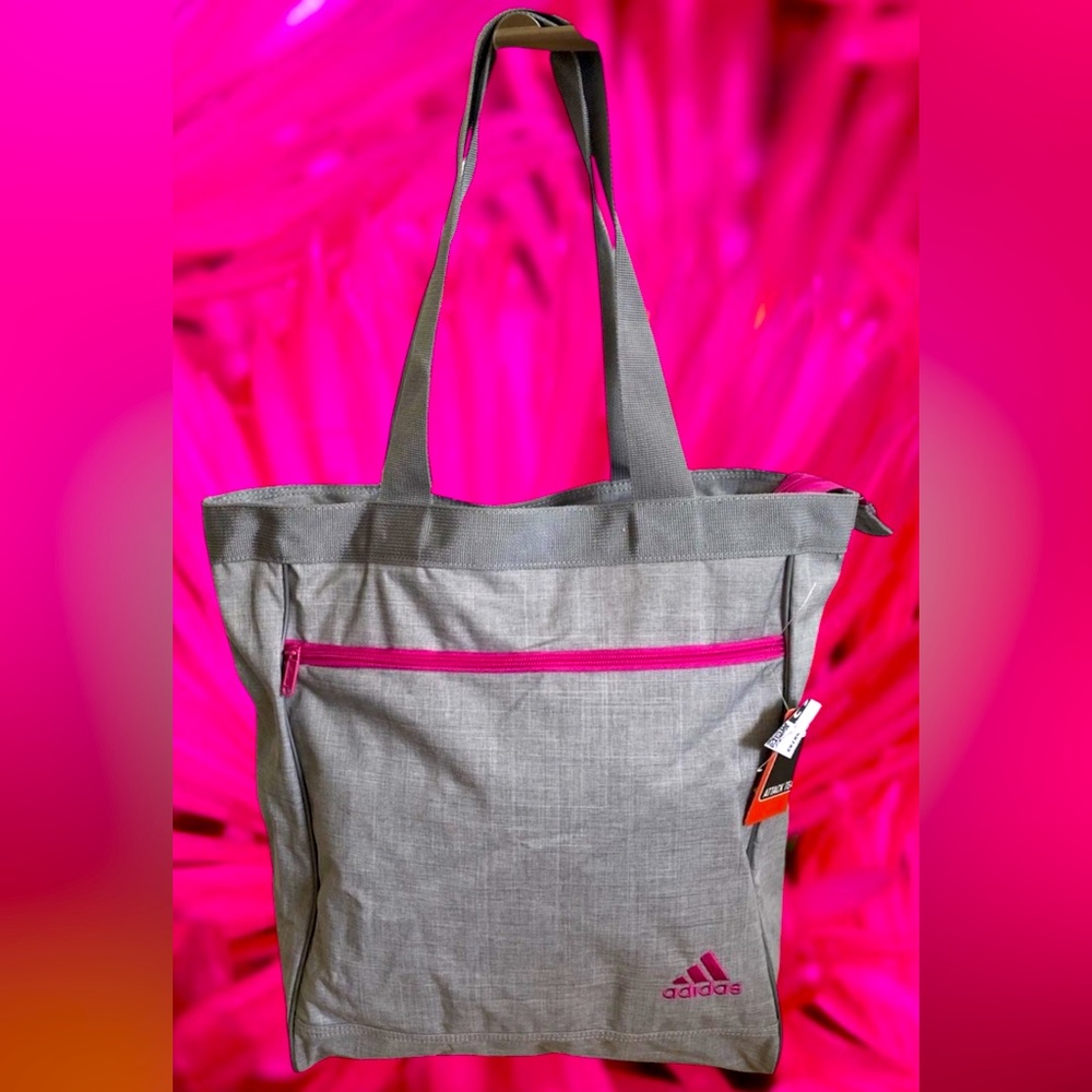 Y2K Adidas 17” Tote Bag Gray Hot Pink Trim Large Zip Closure Purse 2000s vintage